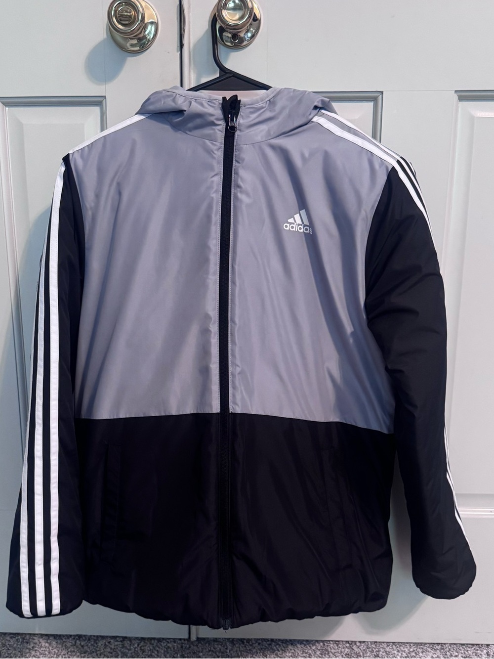 adidas Kids 14/16 Gray and Black Hooded Winter Coat w 3-Stripe Sleeves NWOT